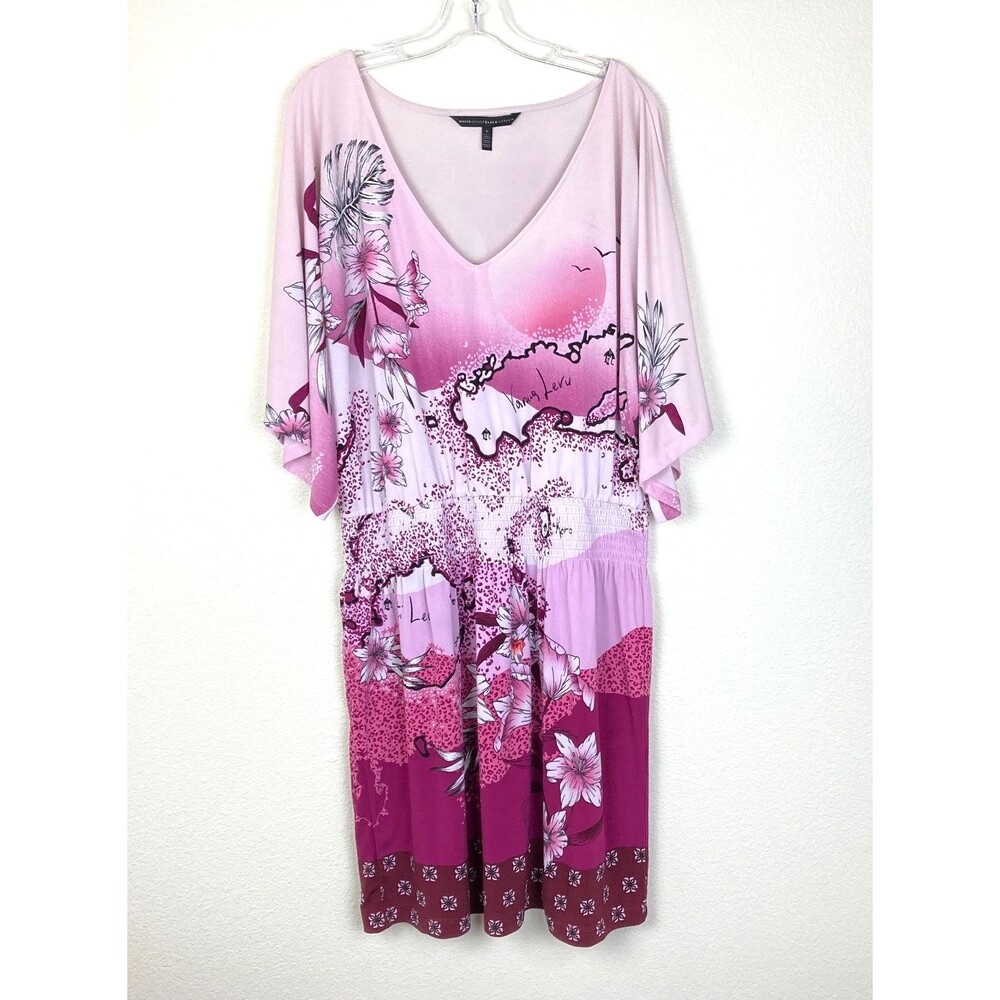 White House Black Market V-Neck Dress L Pink Fiji Islands Smocked Waist Tropical